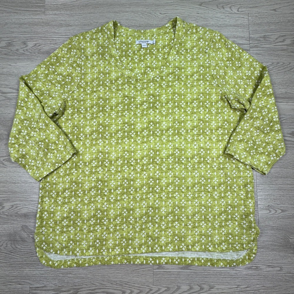 Chico's Women's Top Size 3 XL Green White Geometric Diamond Print Cotton Modal